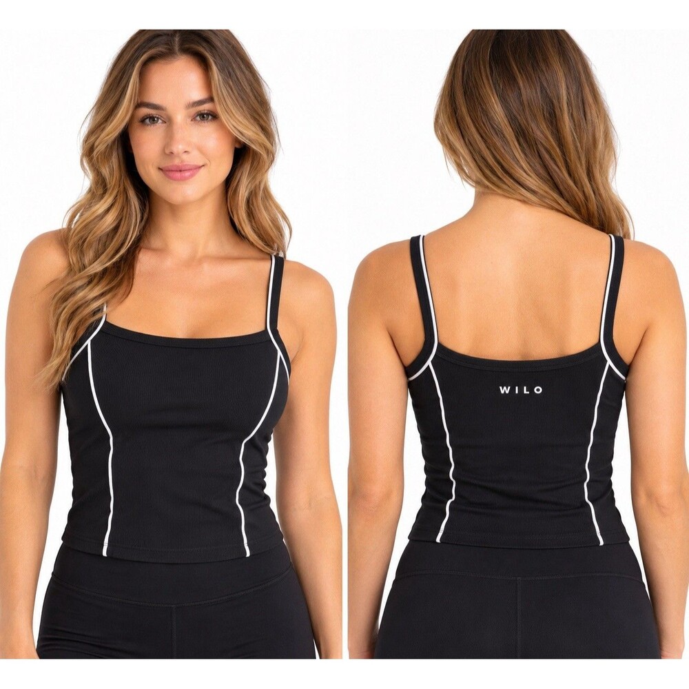 WILO The Label Womens Small Black Ribbed Tank Top White Piping Athletic Cami